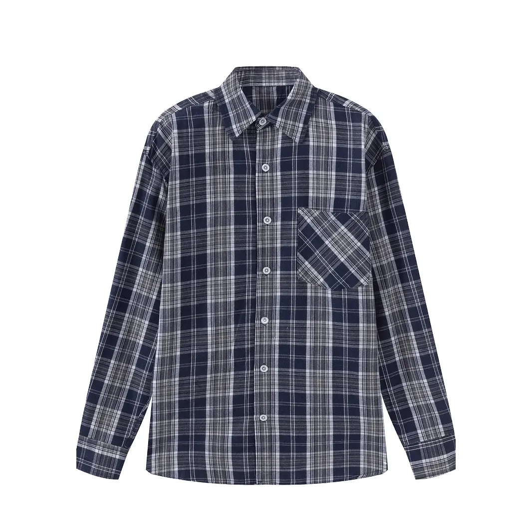 Men Plaid Shirt Long Sleeve Casual Checkered Top With Chest Pocket Regular Fit Polyester Blend Button Down Shirt