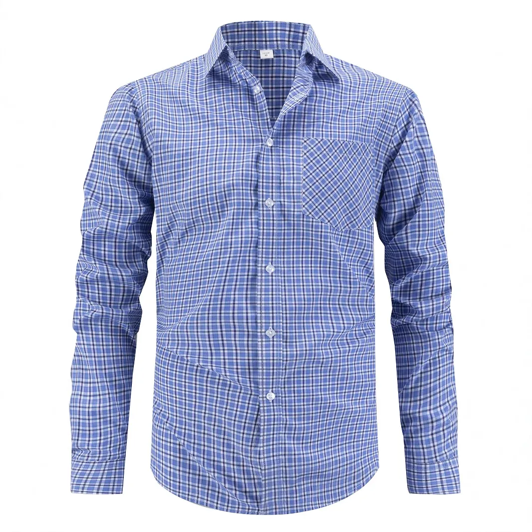 Men Plaid Long Sleeve Shirt Business Casual Button Down Top With Pocket Non-Iron Polyester Viscose Blend Men Apparel