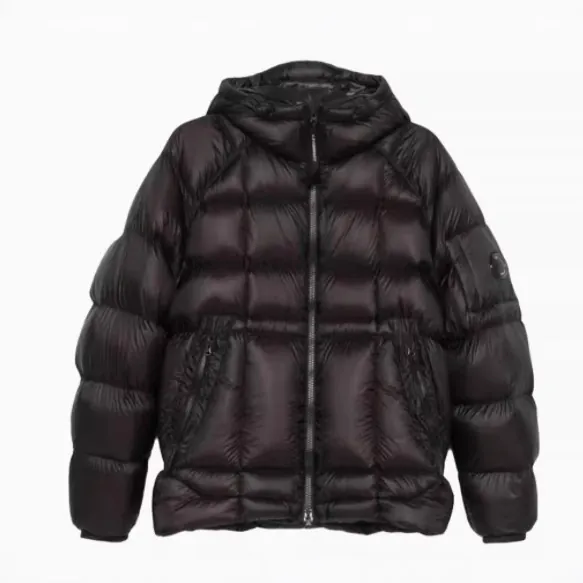Men's Glossy Padded Jacket Shiny Square Quilted Hooded Winter Coat With Lens Pocket Detail Urban Functional Outerwear For Men