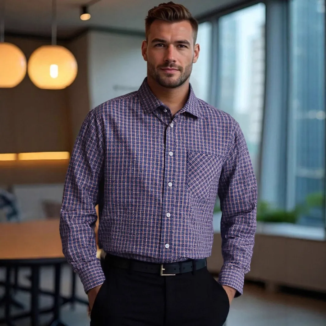 Chemise à Carreaux Pour Hommes Manches Longues Business Décontracté Coupe Standard Hauts Boutonnés Avec Poche Poitrine Pour Travail Bureau