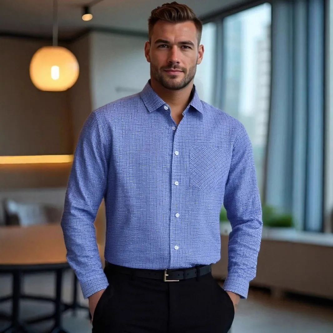 Men's Business Casual Plaid Long Sleeve Shirt Polyester Lapel Collar Button Up Top With Chest Pocket US Size