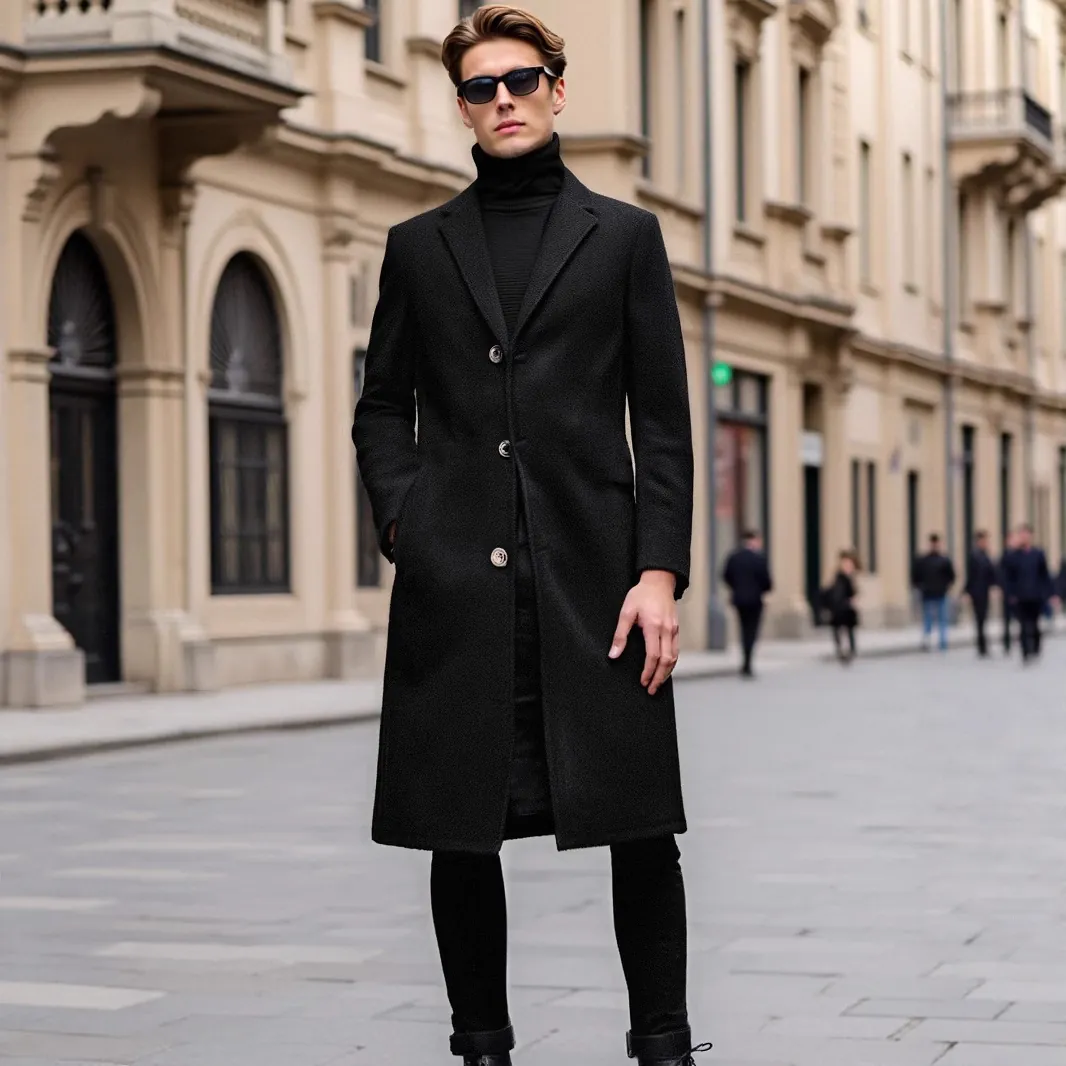 Men Trench Coat Polyester Single Breasted Long Overcoat Business Casual Slim Fit Outerwear For Autumn Winter