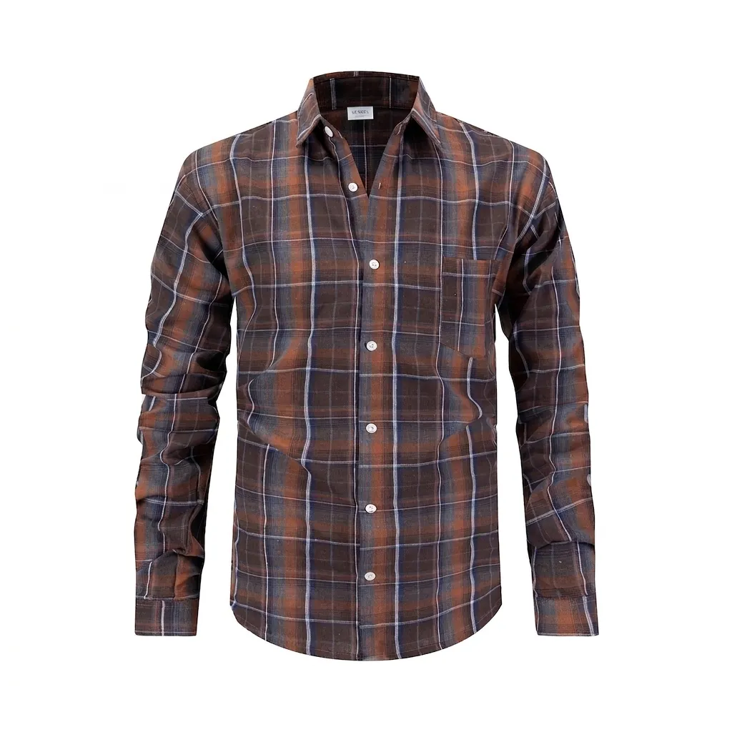 Camicia da Uomo Casual a Quadri a Manica Lunga con Colletto a Revers e Taschino Camicia in Misto Poliestere e Rayon per Ufficio