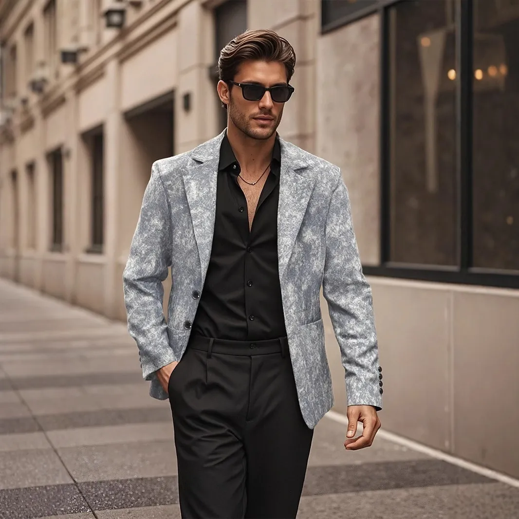 Men's Fashion Marble Print Casual Blazer Notched Lapel Two Button Suit Jacket For Business Party Office Stylish Outerwear