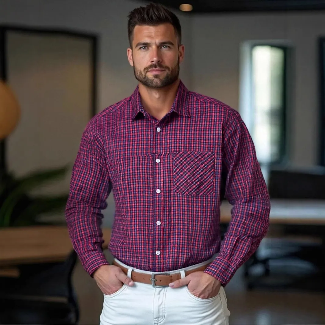 Chemise à Carreaux Homme Manches Longues Boutonnée Business Décontracté Haut Avec Poche Poitrine Mélange Polyester Rayonne Vêtements Homme
