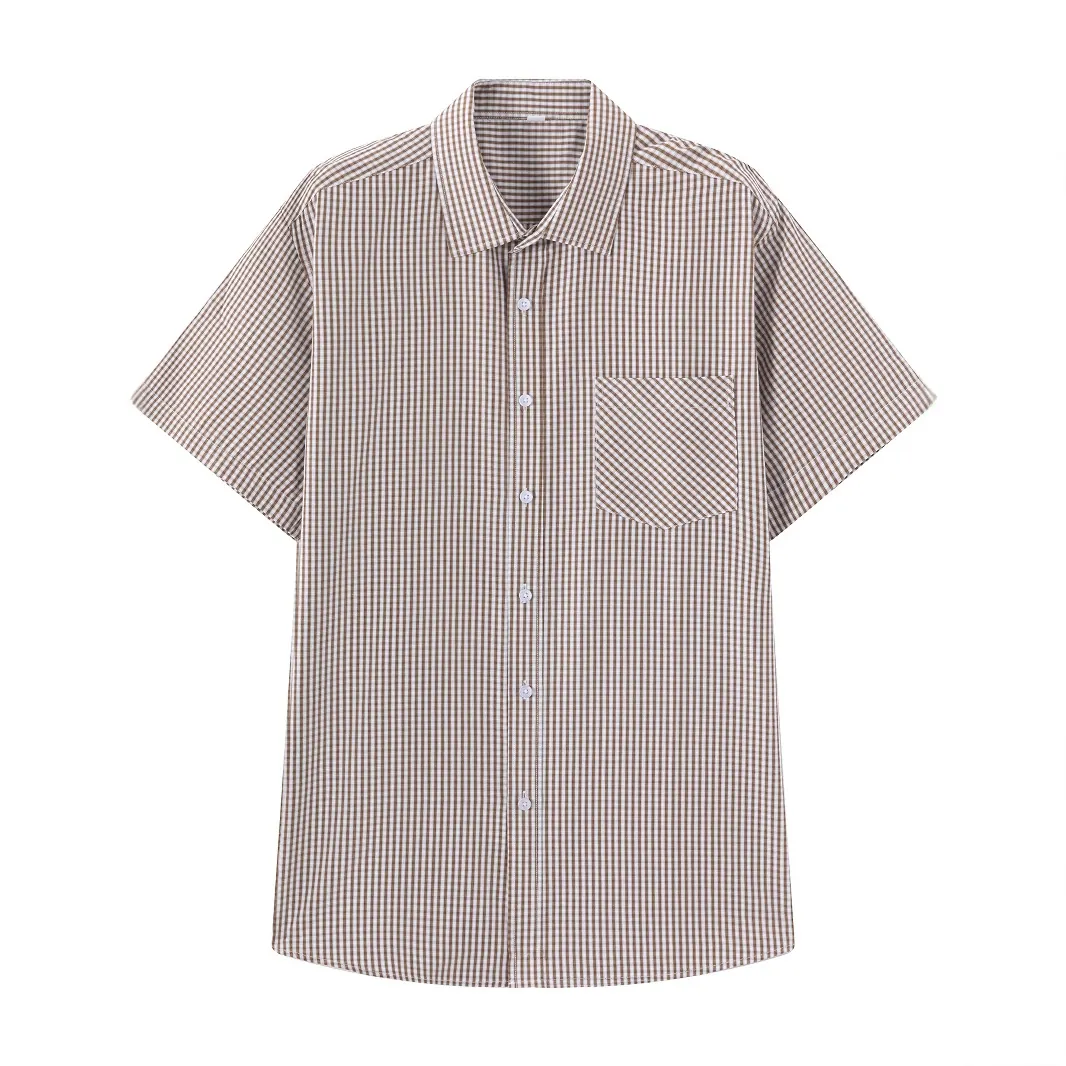 Men's Short Sleeve Gingham Plaid Shirt Polyester Rayon Non-Iron Business Casual Button Down Top With Chest Pocket For Men