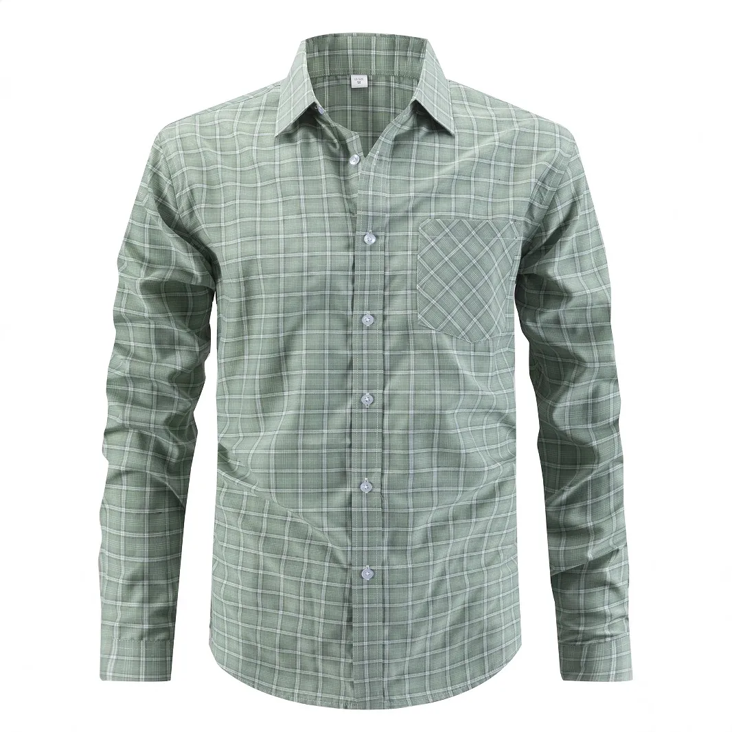 Men's Long Sleeve Plaid Casual Shirt With Chest Pocket US Size Business Formal Gingham Top Polyester Rayon Blend Button Down Shirt