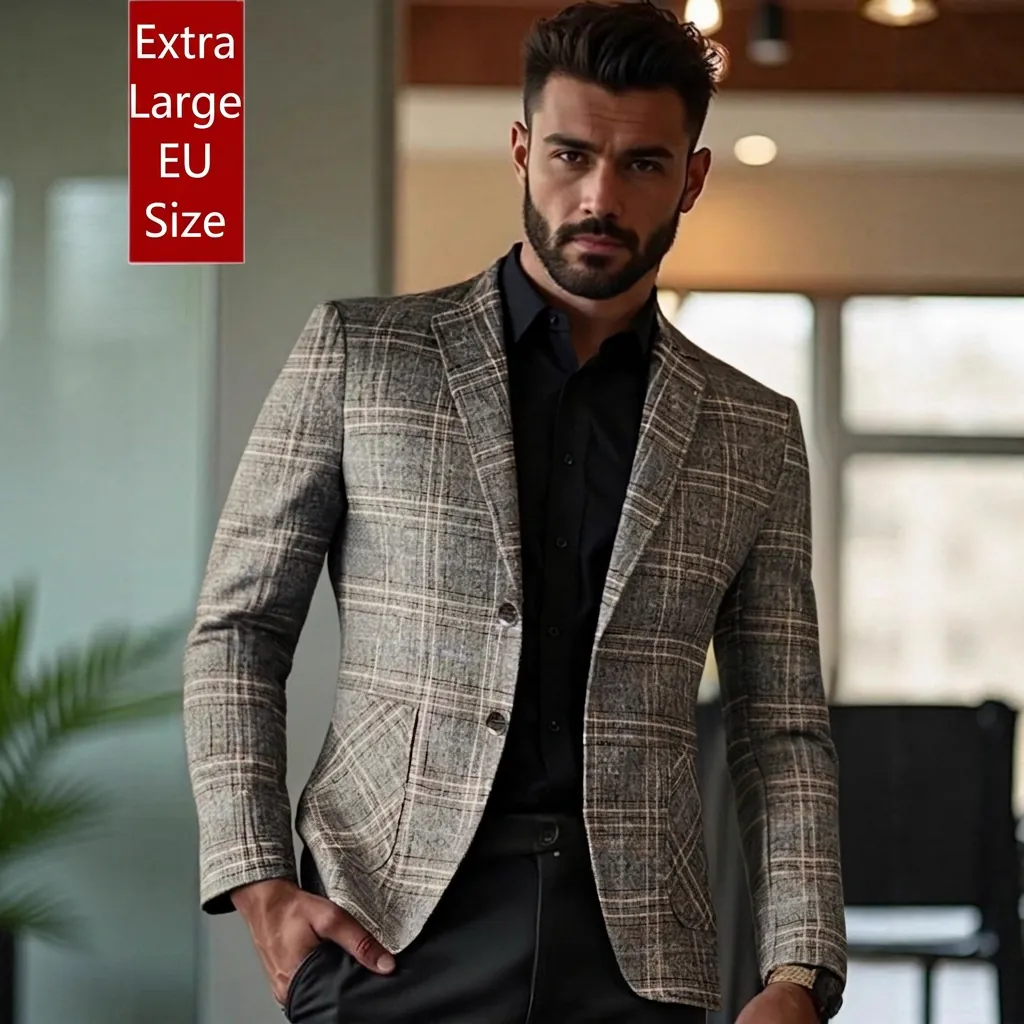 Men Business Casual Plaid Blazer Slim Fit Notched Lapel Single Breasted Suit Jacket For Office Work Spring Autumn Outwear