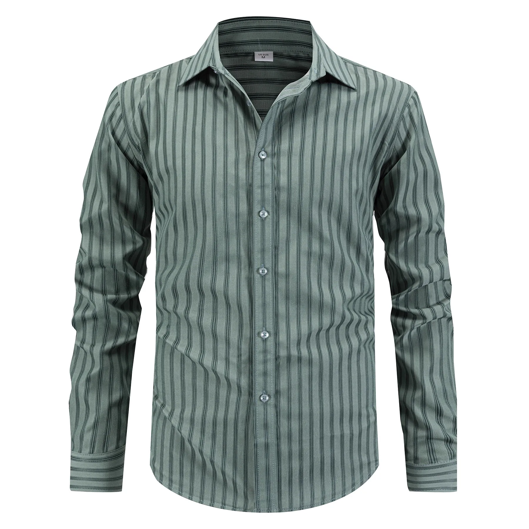 Mens Striped Long Sleeve Shirt Polyester Rayon Blend Business Casual Lapel Button Down Shirt For Men Office Wear