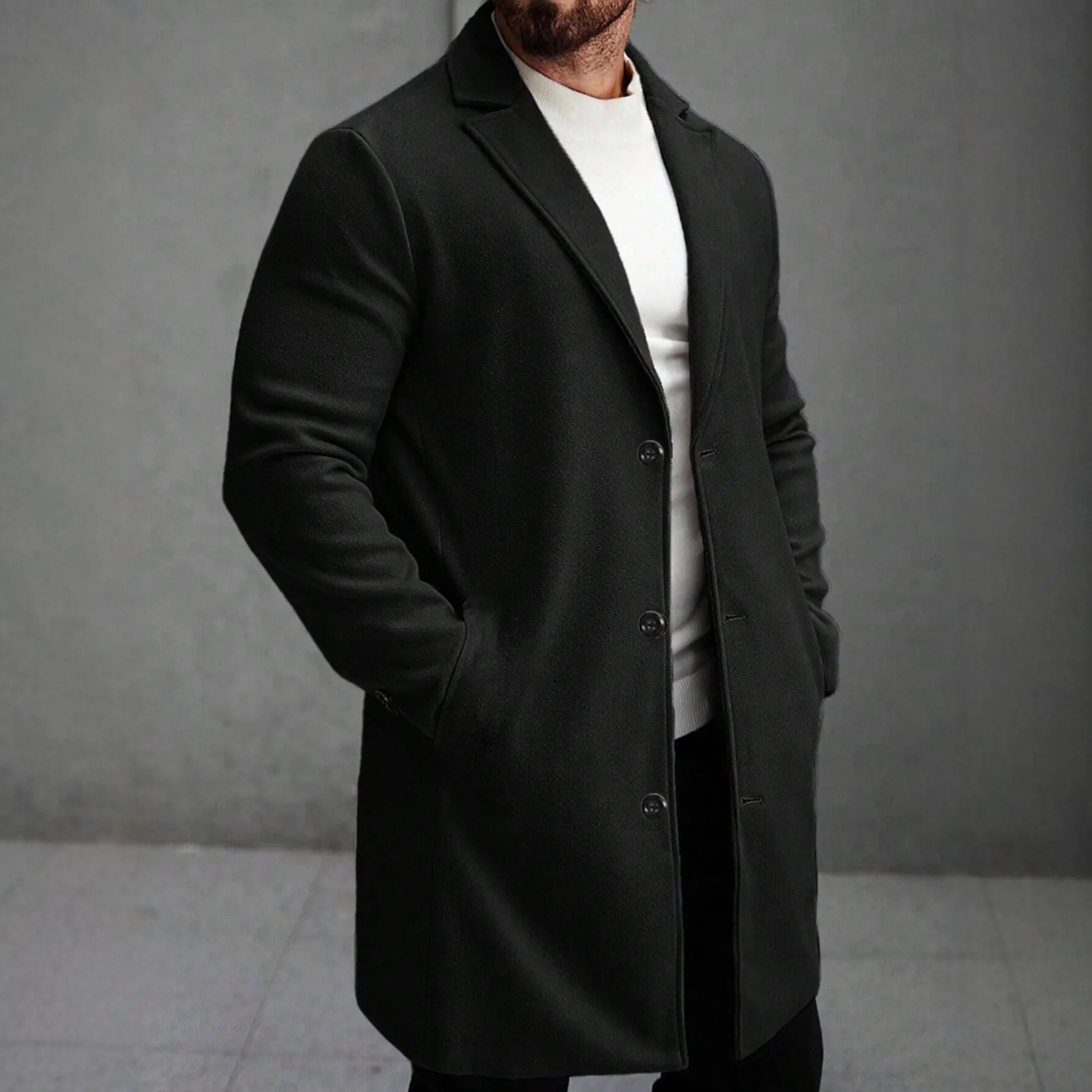 Manteau Mi Long Homme Revers Boutonnage Simple Veste Coupe Ajustée Business Casual Trench Coat Pour Automne Hiver Couleur Unie Vêtement