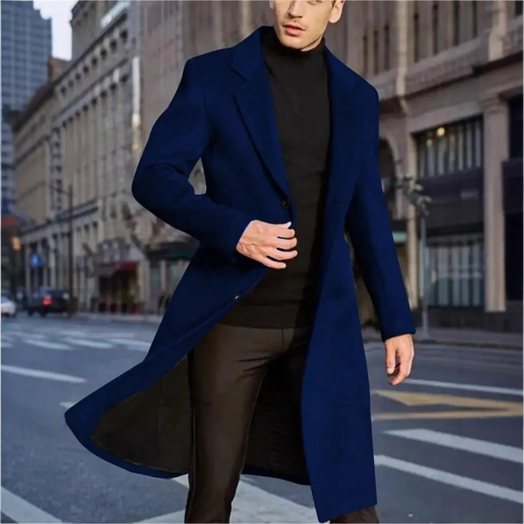 Manteau pour Hommes Style Britannique Mi-long Coupe Slim Boutonnage Simple Revers Couleur Unie Trench en Poliester Chaud Top