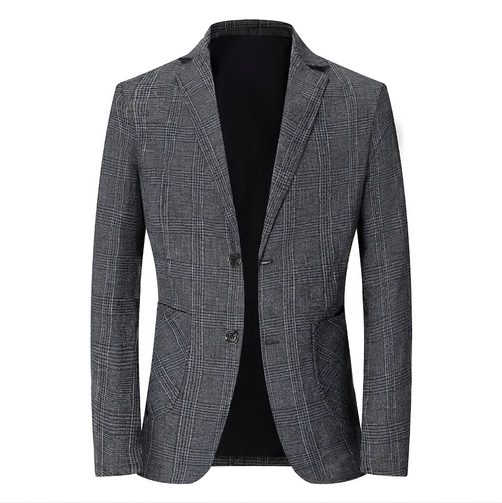 Blazer Homme Coupe Cintrée à Carreaux Revers à Cran Simple Boutonnage Veste de Costume Business Casual Printemps Été