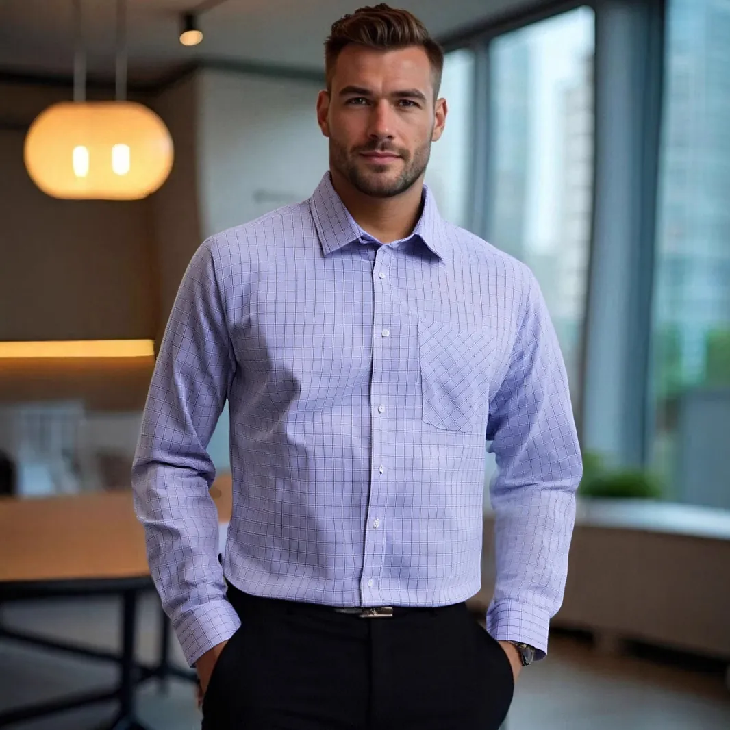 Men Business Casual Plaid Shirt Long Sleeve Button Up Dress Shirt With Chest Pocket US Size Commuter Top For Men