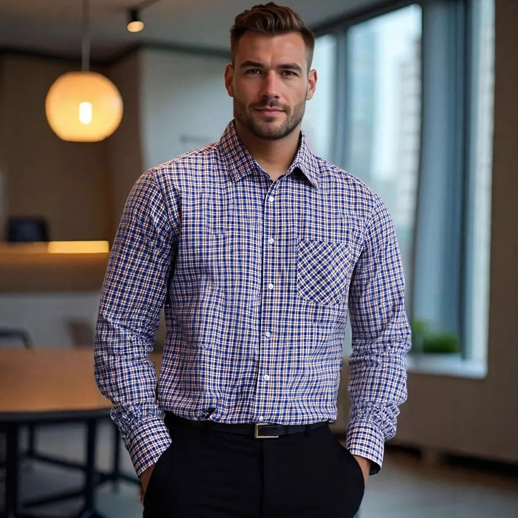 Men Casual Plaid Long Sleeve Shirt US Size Regular Fit Business Lapel Non-Iron Polyester Plaid Top With Single Pocket