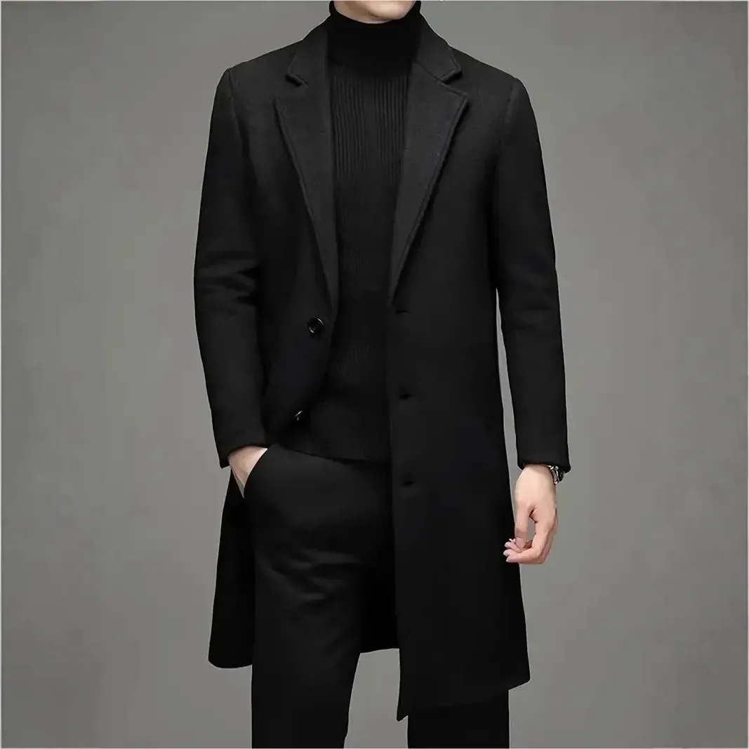 Men Slim Fit Mid-Length Polyester Overcoat Classic Lapel Single Breasted Business Casual Winter Trench Coat For Men