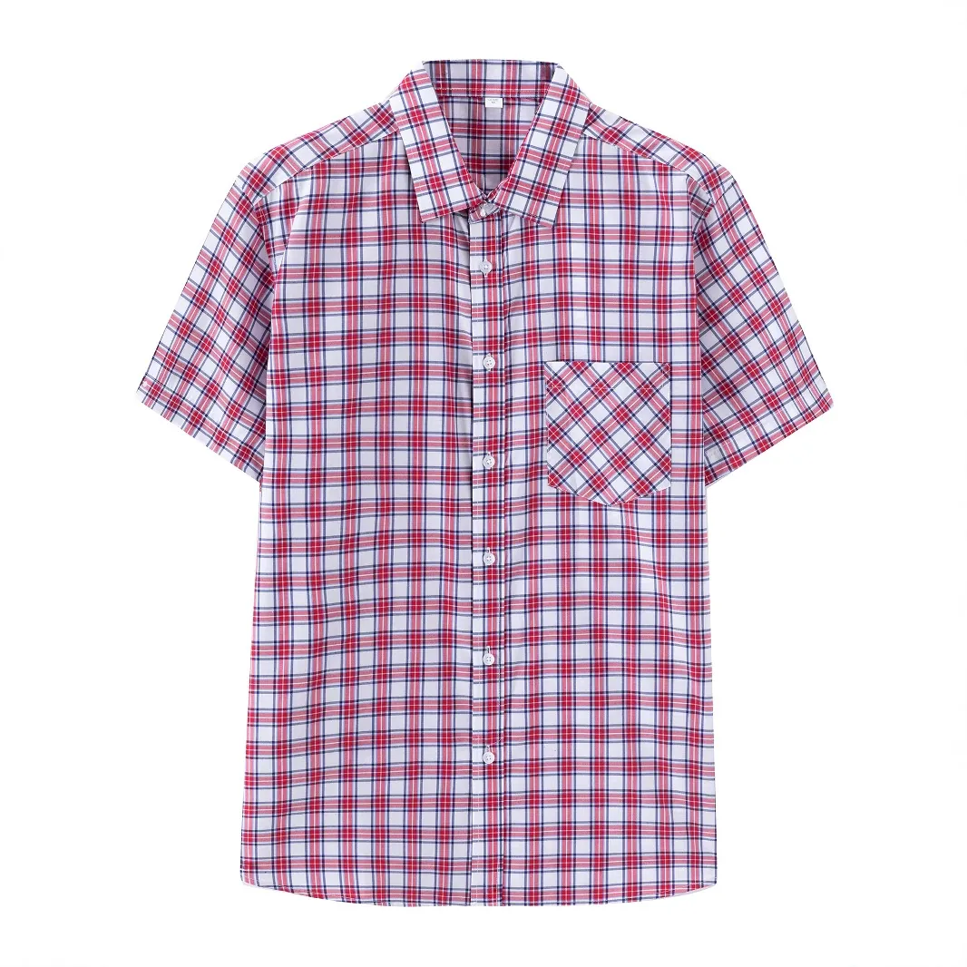 Men Casual Short Sleeve Plaid Shirt With Chest Pocket Regular Fit Polyester Rayon Blend Button Down Checkered Top