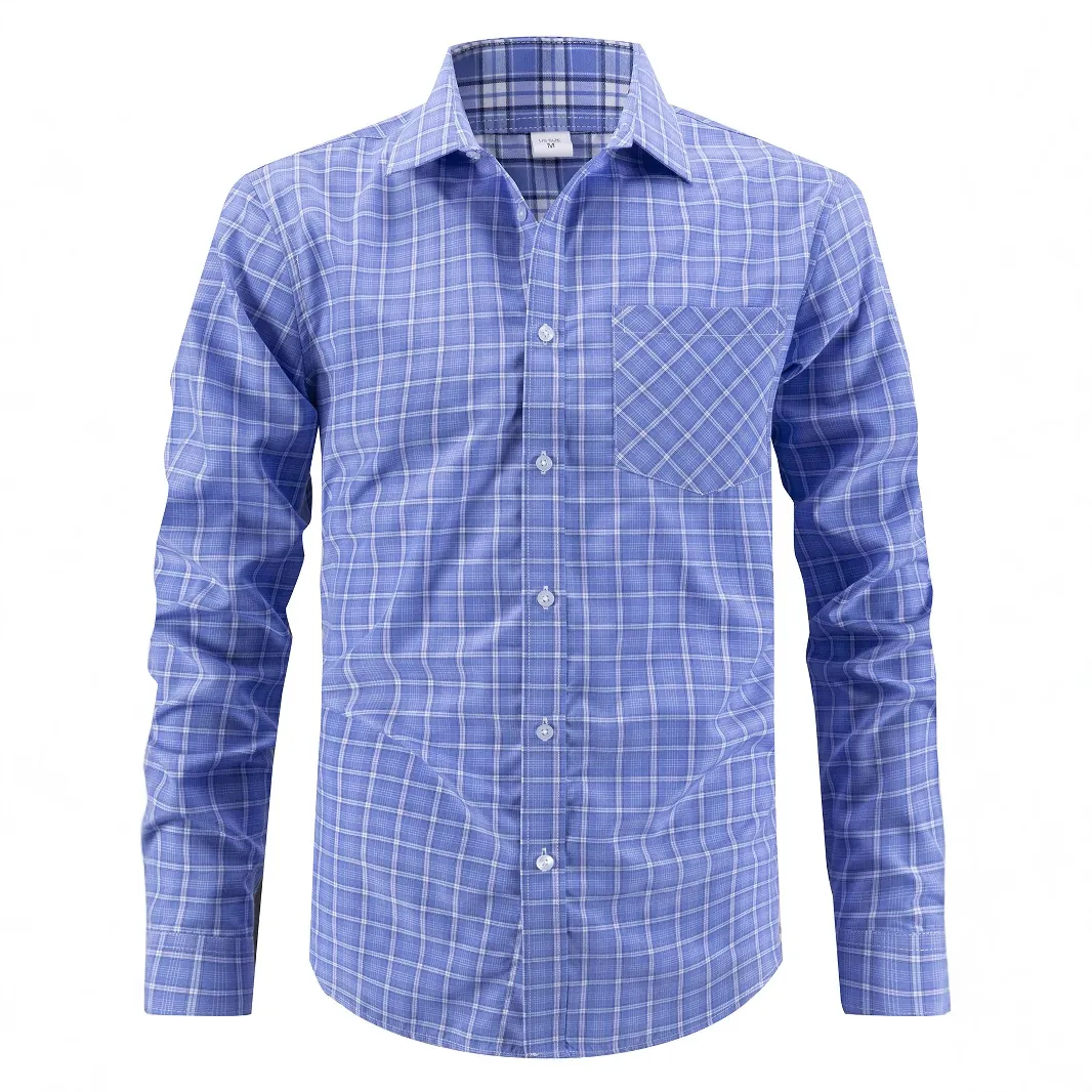 Men Business Casual Gingham Plaid Long Sleeve Shirt Turn Down Collar Polyester Top With Chest Pocket US Size Plus Size Shirt