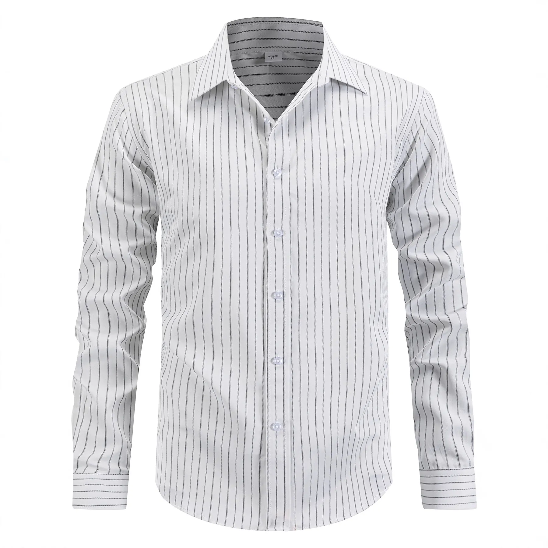 Men Striped Long Sleeve Shirt Business Casual Turndown Collar Polyester Rayon Button Down Top For Daily Work Men Clothes