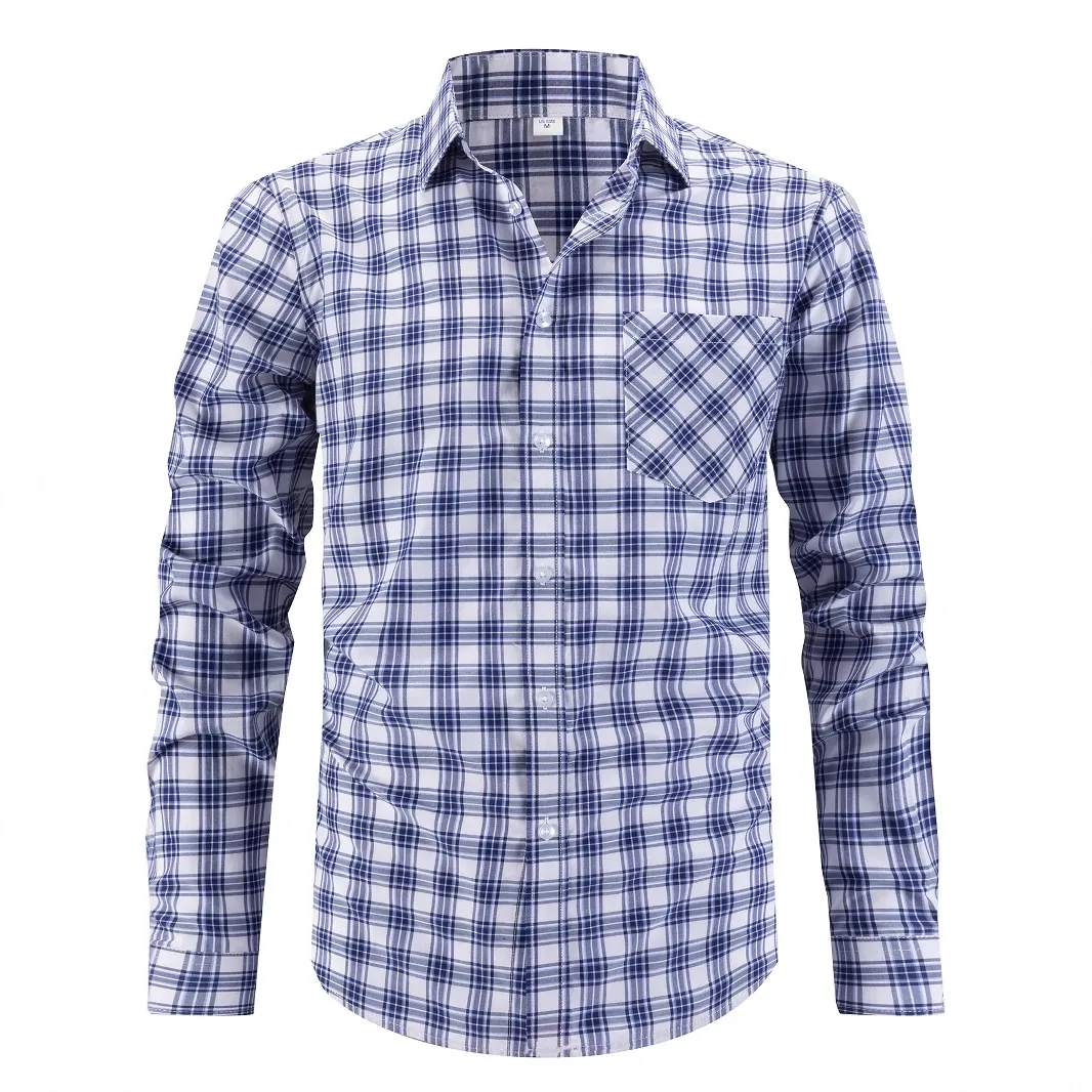 Men's Plaid Long Sleeve Shirt Business Casual Lapel Button Down Top Polyester Rayon Blend Navy Checkered Shirt For Men