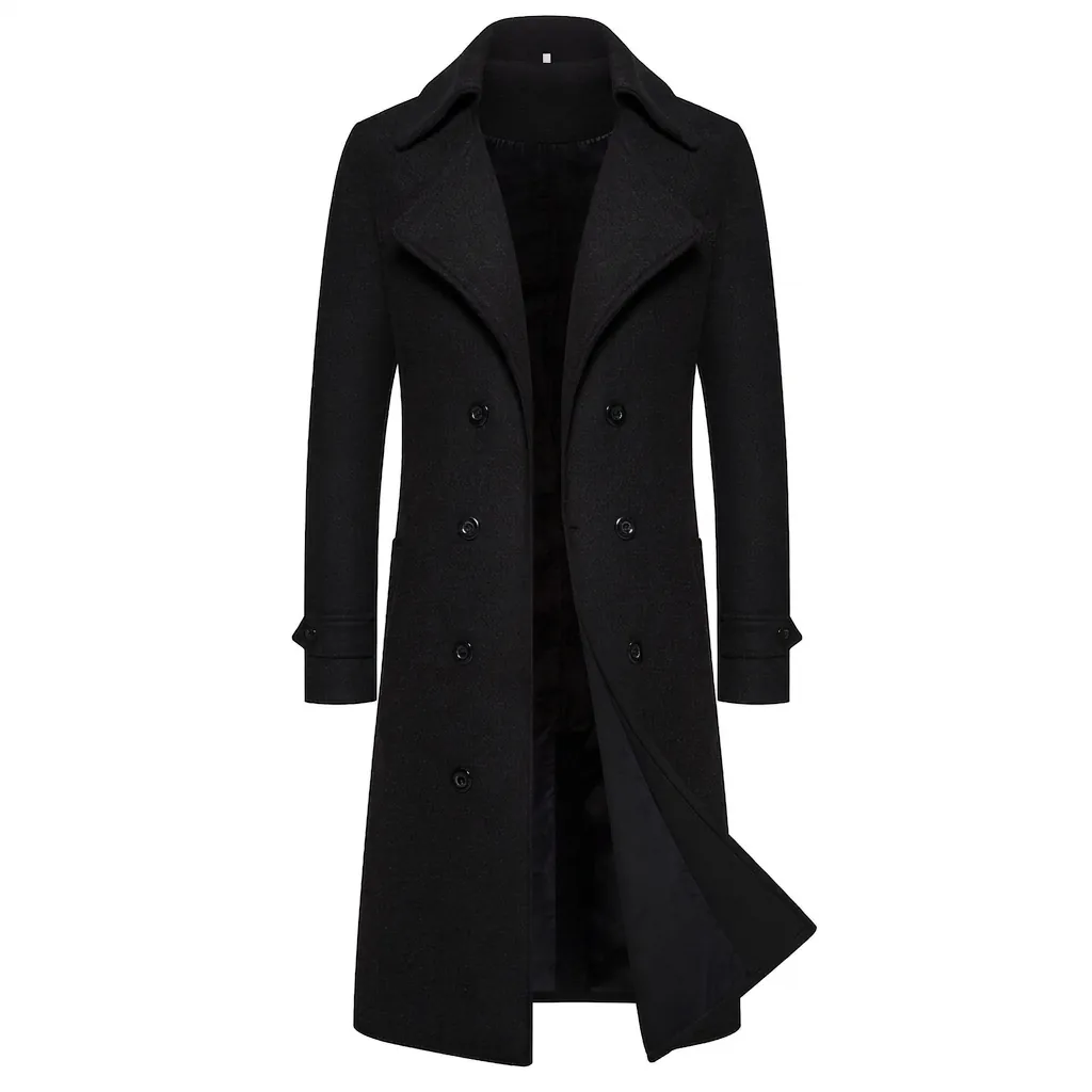 Men Double Breasted Long Trench Coat Slim Fit Polyester Peacoat For Business Casual Daily Wear Spring Autumn Fashion Outerwear