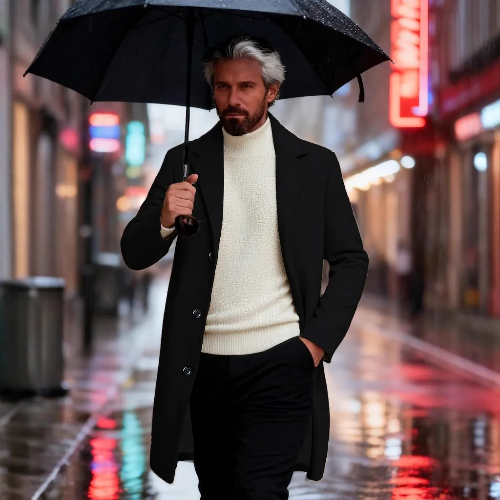 Men Business Casual Overcoat Wool Blend Mid Length Slim Fit Notch Lapel Single Breasted Warm Trench Coat For Autumn Winter Fashion