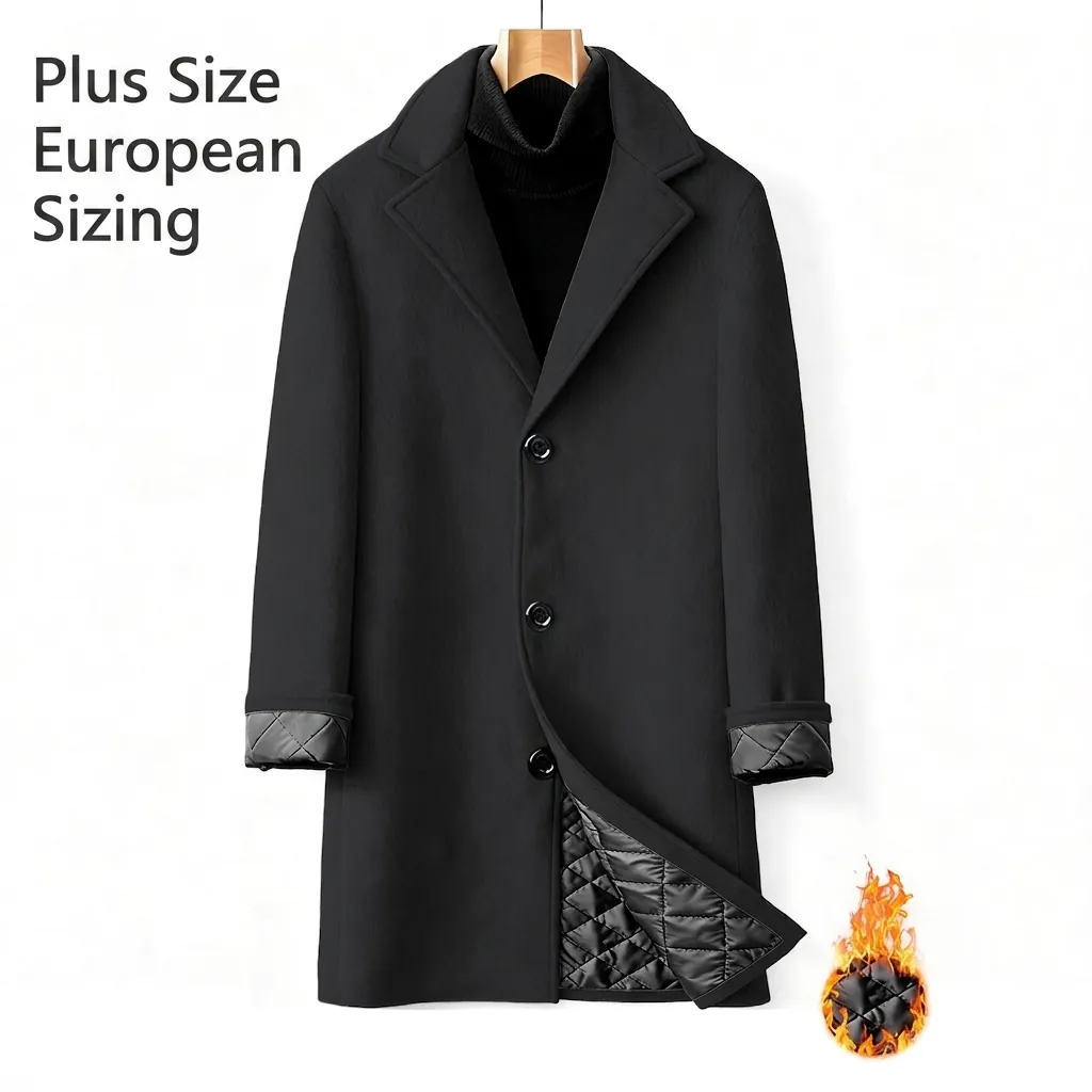 Men Woolen Overcoat Thick Quilted Lining Single Breasted Notch Lapel Mid Length Jacket Business Casual Outwear Coat