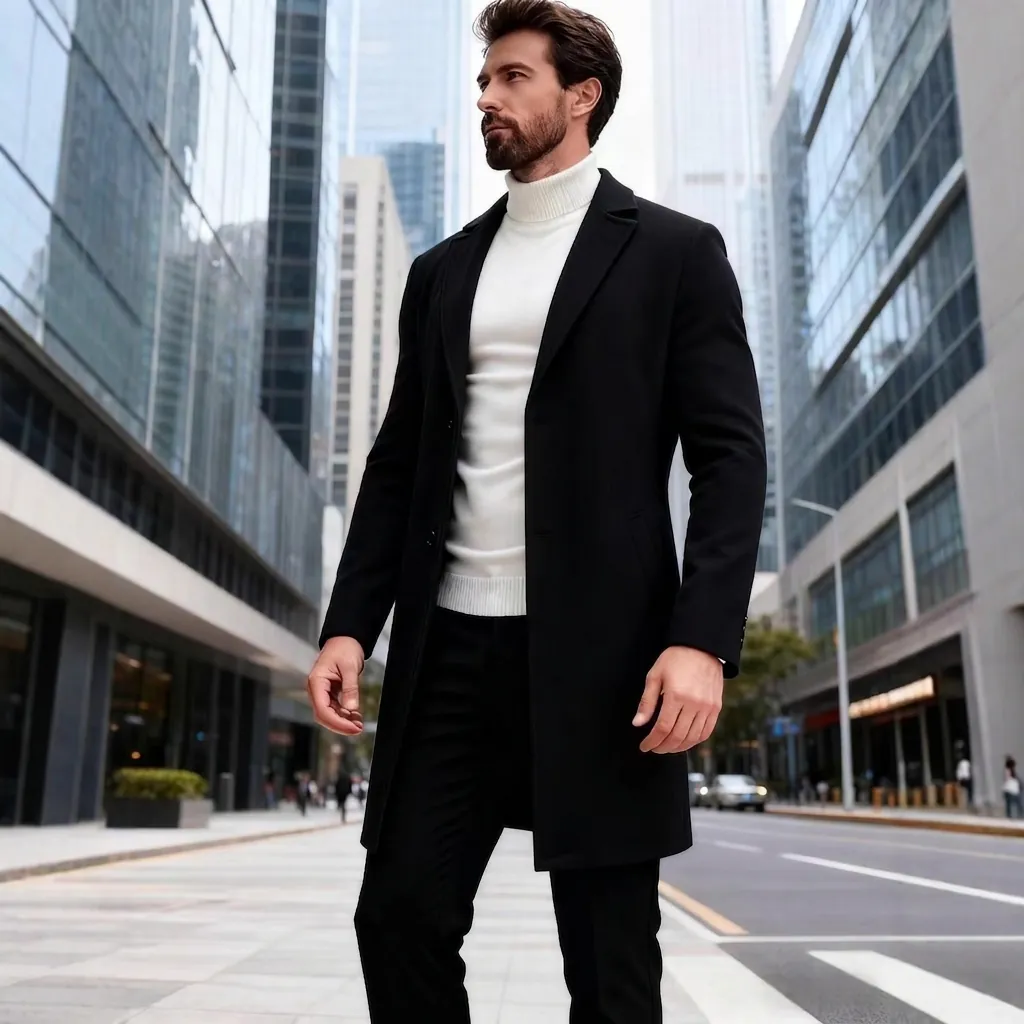 Men Overcoat Single Breasted Mid Length Polyester Wool Look Jacket Turn Down Collar Slim Fit Business Casual Trench Coat Outerwear