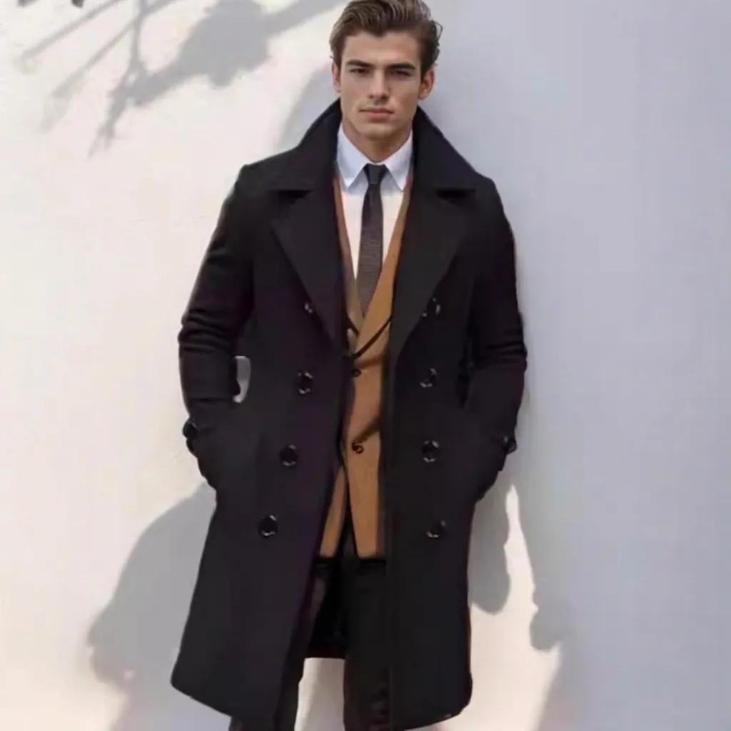 Men Business Casual Wool Blend Overcoat Double Breasted Notched Lapel Winter Long Trench Coat Slim Fit Gentleman Outerwear