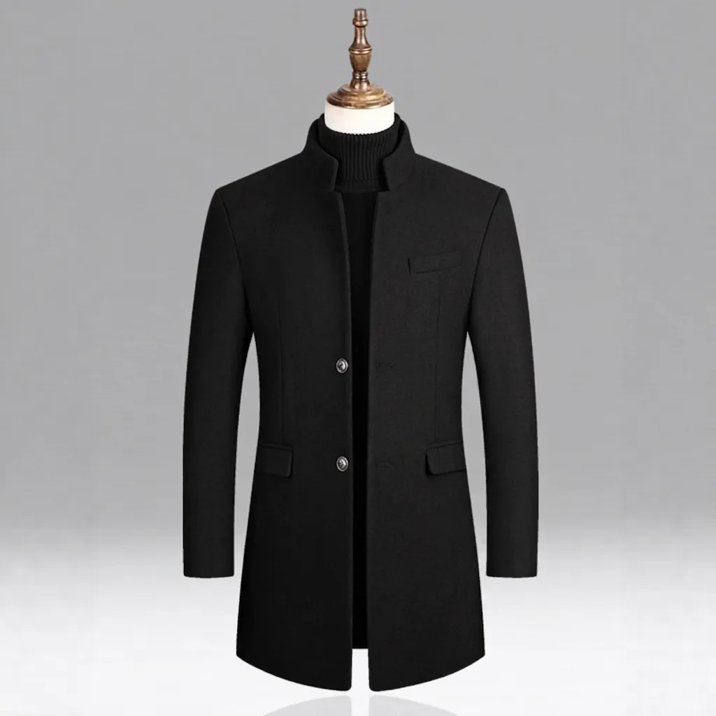 Manteau Homme Business Casual Mi-long Mélange de Laine Col Montant Coupe Ajustée Pardessus d'Hiver Couleur Unie Veste à Boutons