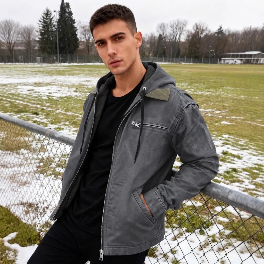 Mens Cargo Style Hooded Jacket Thick Warm Fleece Lined Outerwear Casual Outdoor Long Sleeve Zip Up Coat For Men Autumn Winter