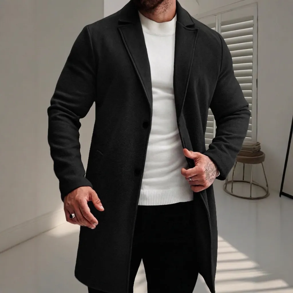 Men's Mid-Long Single Breasted Wool Blend Trench Coat Slim Fit Notch Lapel Business Casual Overcoat Outerwear For Men