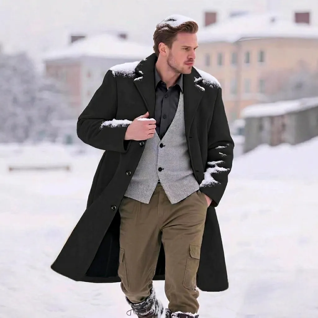 Men Long Wool Blend Coat Slim Fit Single Breasted Overcoat Quilted Lining Warm Winter Outwear Casual Lapel Trench Jacket