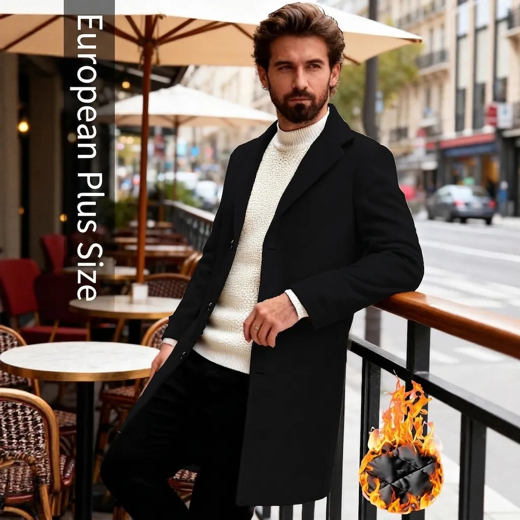 Men Woolen Overcoat Single Breasted Mid Length Winter Warm Coat With Quilted Lining Lapel Business Casual Jackets For Male