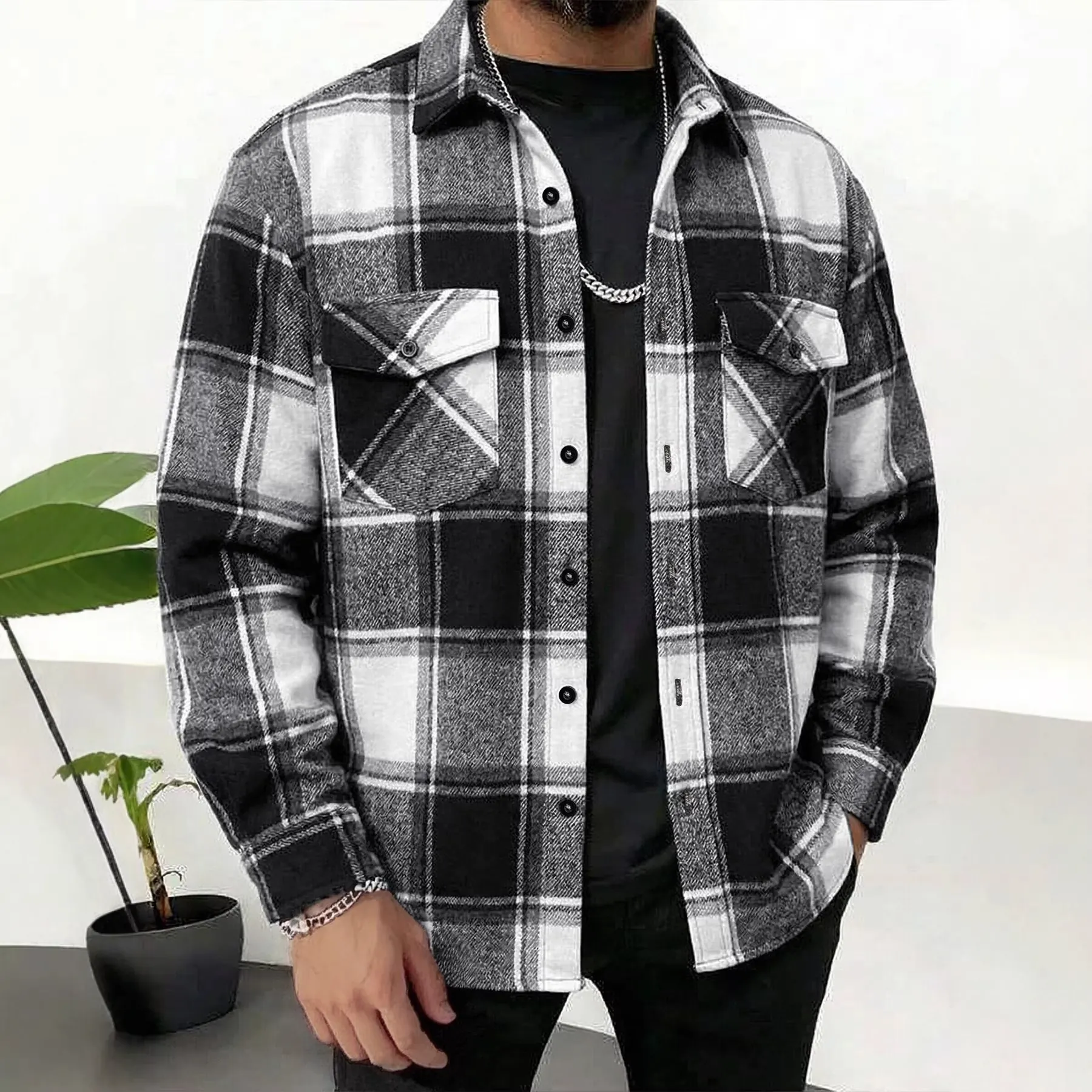 Men's Casual Polyester Flannel Checkered Long Sleeve Shirt Classic Plaid Button Down Top With Double Chest Pockets For Autumn