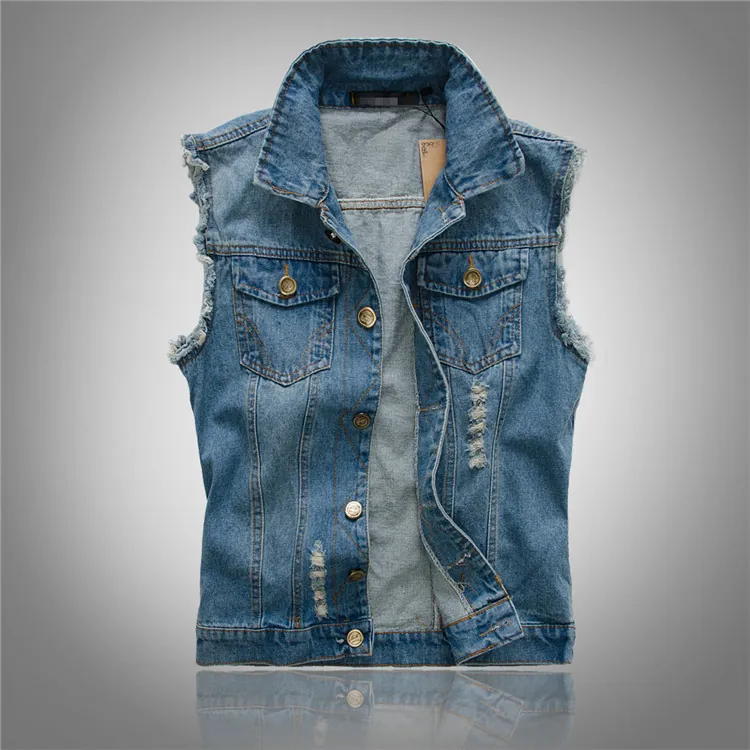 Men Slim Fit Light Blue Denim Vest Distressed Washed Cotton Sleeveless Jacket Fashion Streetwear Casual Waistcoat For Men