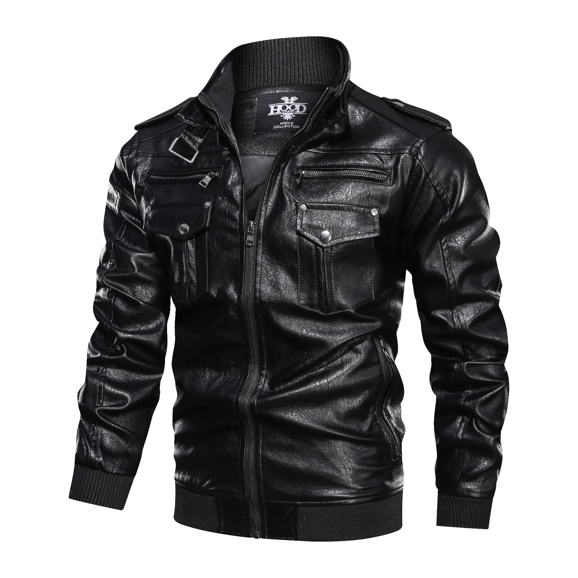 Men's Vintage PU Leather Jacket Retro Biker Style Stand Collar Multi-Pocket Windproof Bomber Coat For Spring Autumn