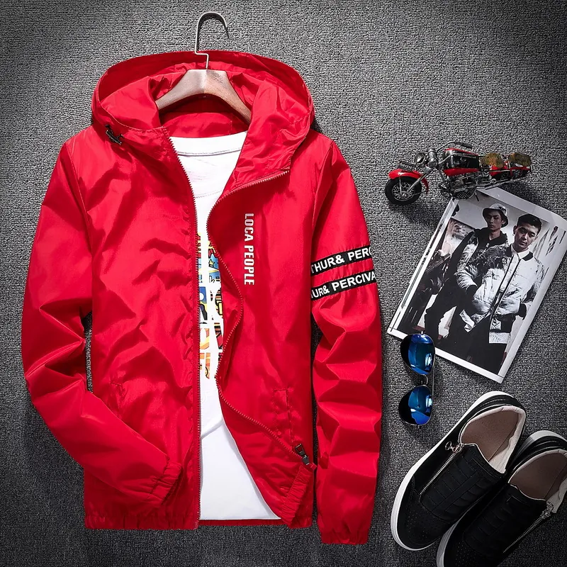 Herren Windjacke Mit Kapuze Slim Fit Wasserdicht Buchstabendruck Reißverschluss Leichte Oberbekleidung Für Casual Urban Fashion