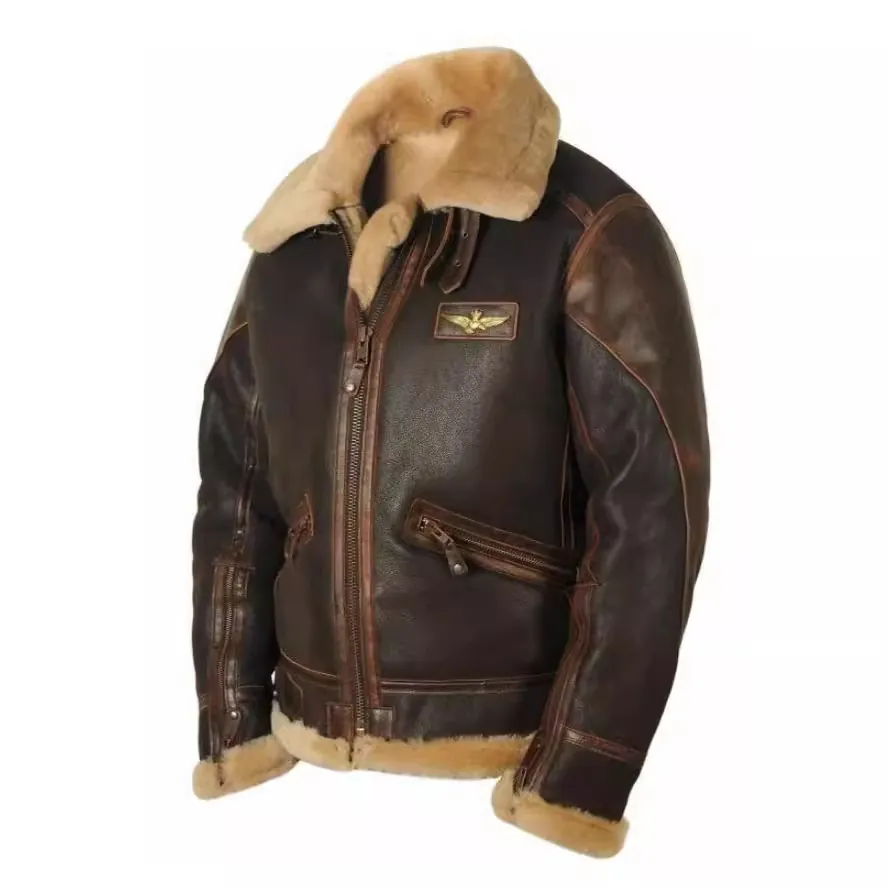 Men Vintage B3 Aviator Jacket Distressed PU Leather Thick Faux Shearling Lined Warm Winter Coat Military Style Outwear