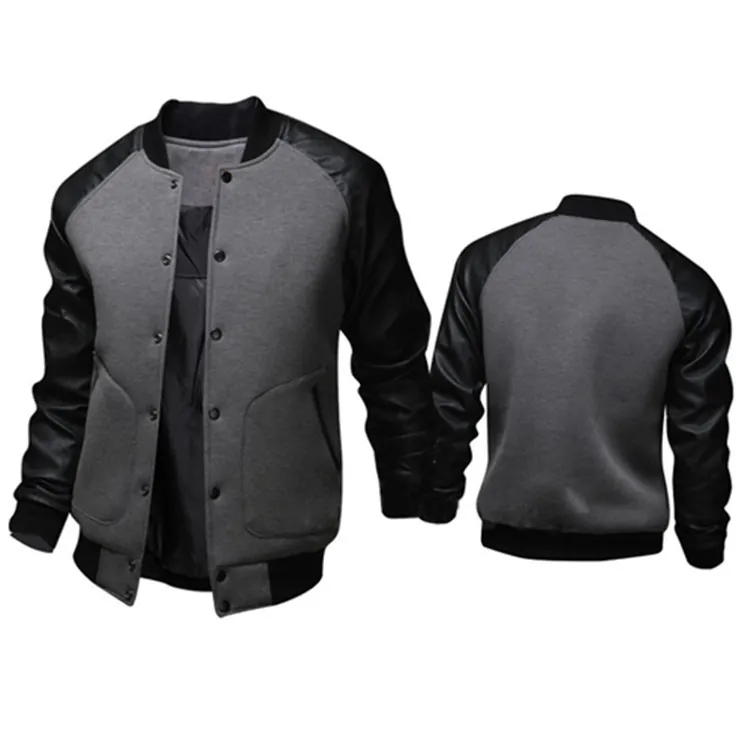 Men's Casual British Style Varsity Jacket Cotton Blend Body With Contrast PU Leather Sleeves Snap Button Baseball Jacket