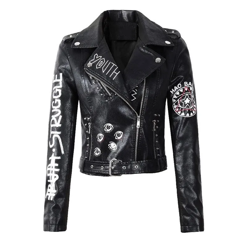 Veste Moto Femme en Cuir PU Punk Avec Impression Graffiti Rivet Fermeture Éclair Épaulette Streetwear Manteau Biker en Similicuir