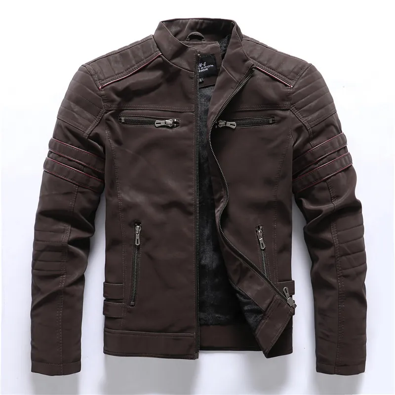 Herren Biker PU Lederjacke Stehkragen Retro Slim Fit Winter Warm Vliesfutter Moto Oberbekleidung Mantel Für Männer Einfarbig