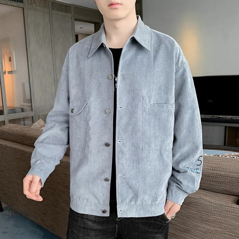 Men Japanese Retro Corduroy Jacket Casual Lapel Single Breasted Long Sleeve Outerwear With Pockets Embroidery Design Fashion Top