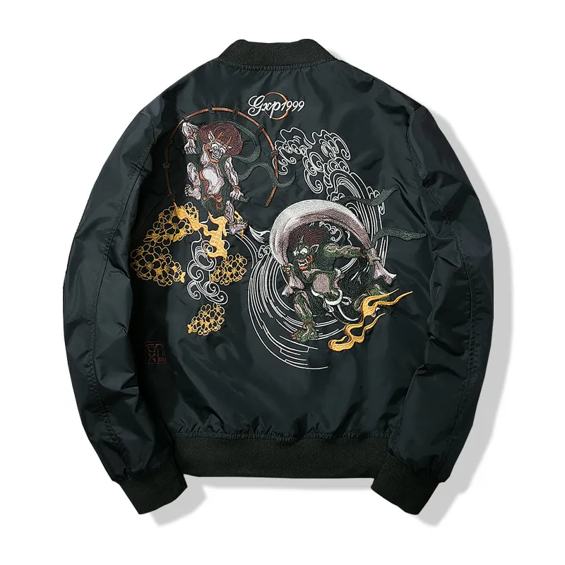 Men Sukajan Japanese Style MA-1 Bomber Jacket Heavy Embroidery Fujin Raijin Windproof Flight Jacket For Casual Outdoor Streetwear