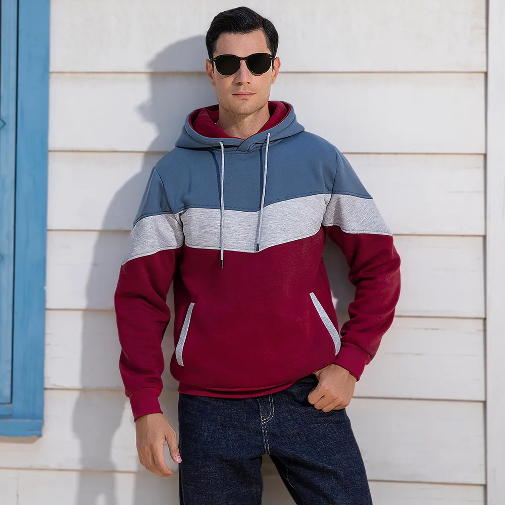 Men Hoodie Color Block Camouflage V-Shape Patchwork Casual Pullover Long Sleeve Sport Sweatshirt Streetwear For Men