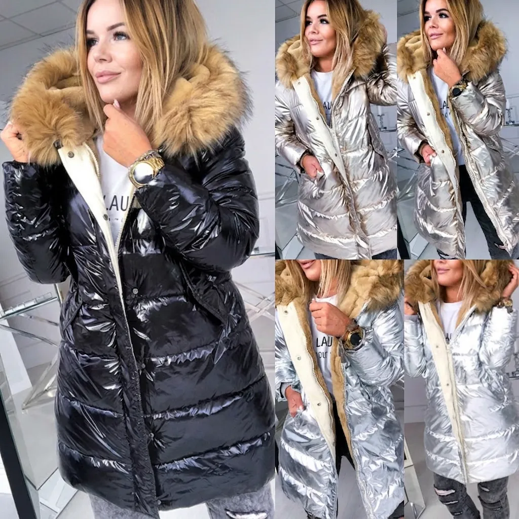 Metallic Puffer Jacket Faux Fur Trim Hooded Winter Coat Shiny Padded Parka For Women Slim Fit Warm Quilted Outerwear