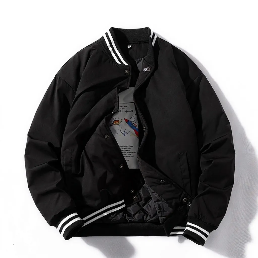 Men's Varsity Jacket 100% Polyester NASA Space Print Striped Ribbed Trim Casual Streetwear Quilted Lining Bomber Jacket With Hood