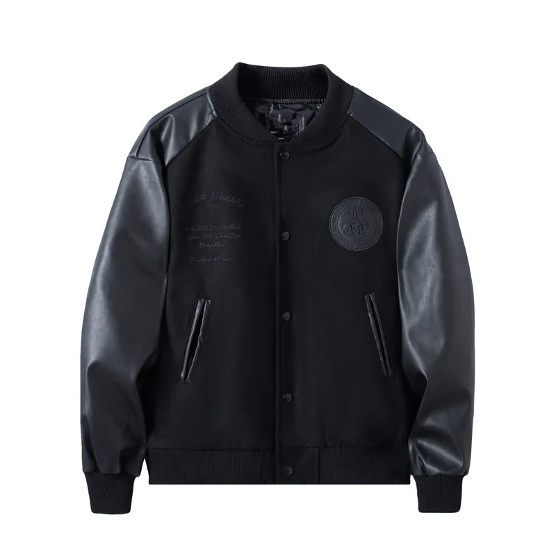 Men's American Vintage Varsity Jacket PU Leather Patchwork Woolen Fabric Embroidery Casual Baseball Jacket Warm Coat