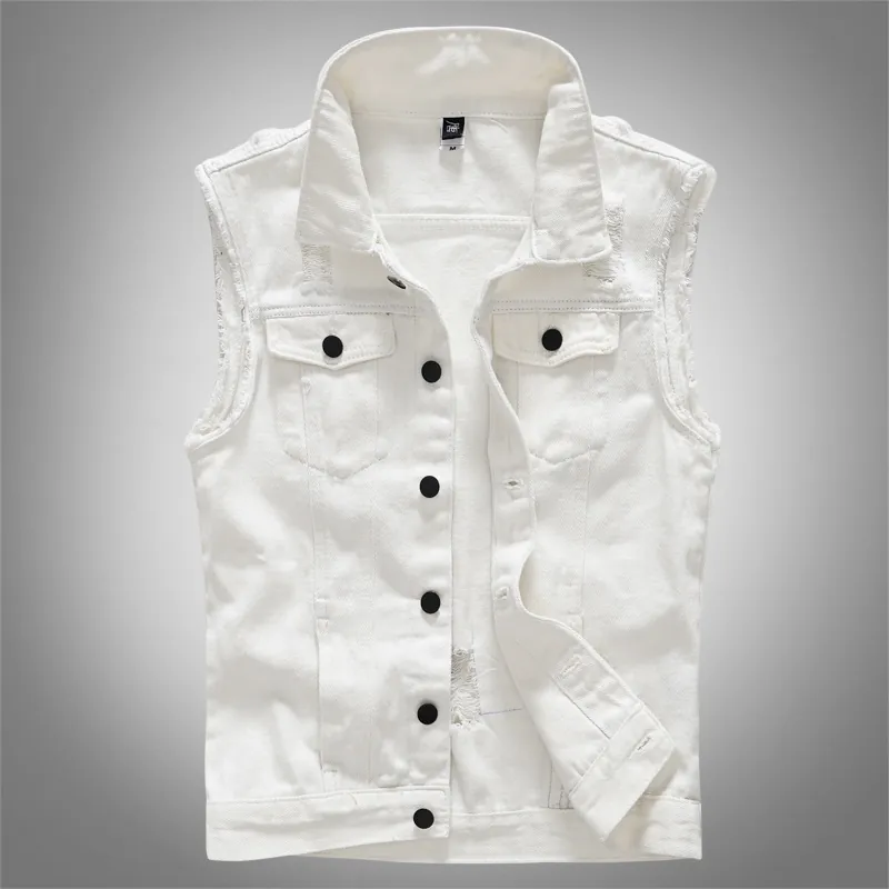 Gilet en Jean Blanc Coupe Slim pour Hommes Veste sans Manches en Coton Déchiré Usé Street Rétro Casual Mode Gilet pour Hommes