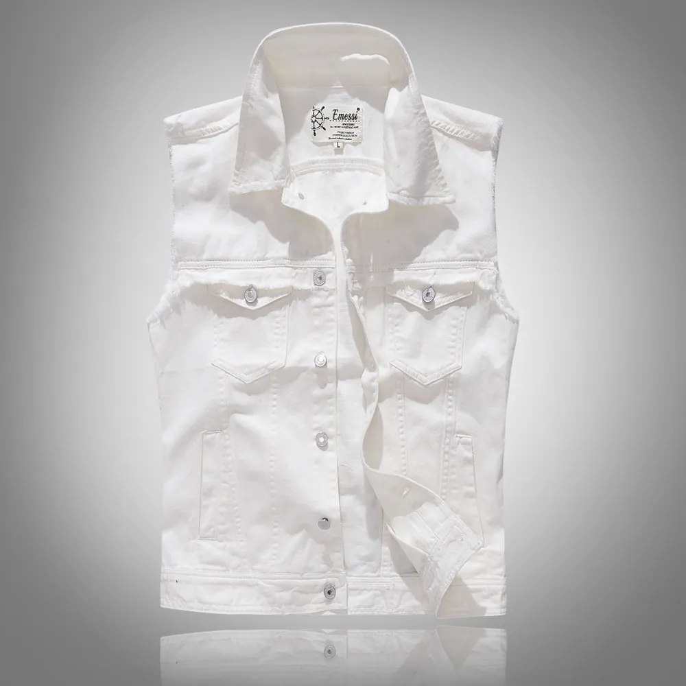 Men's Slim Fit White Denim Vest Frayed Edge Cotton Jeans Waistcoat Casual Korean Style Sleeveless Jacket For Daily Wear