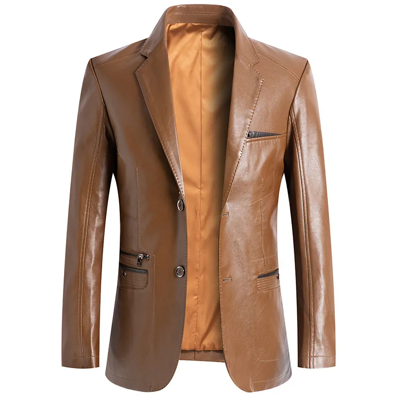 Giacca Blazer da Uomo in Pelle PU Vestibilità Aderente Collo a Revers Monopetto Soprabito Casual alla Moda per Giovani